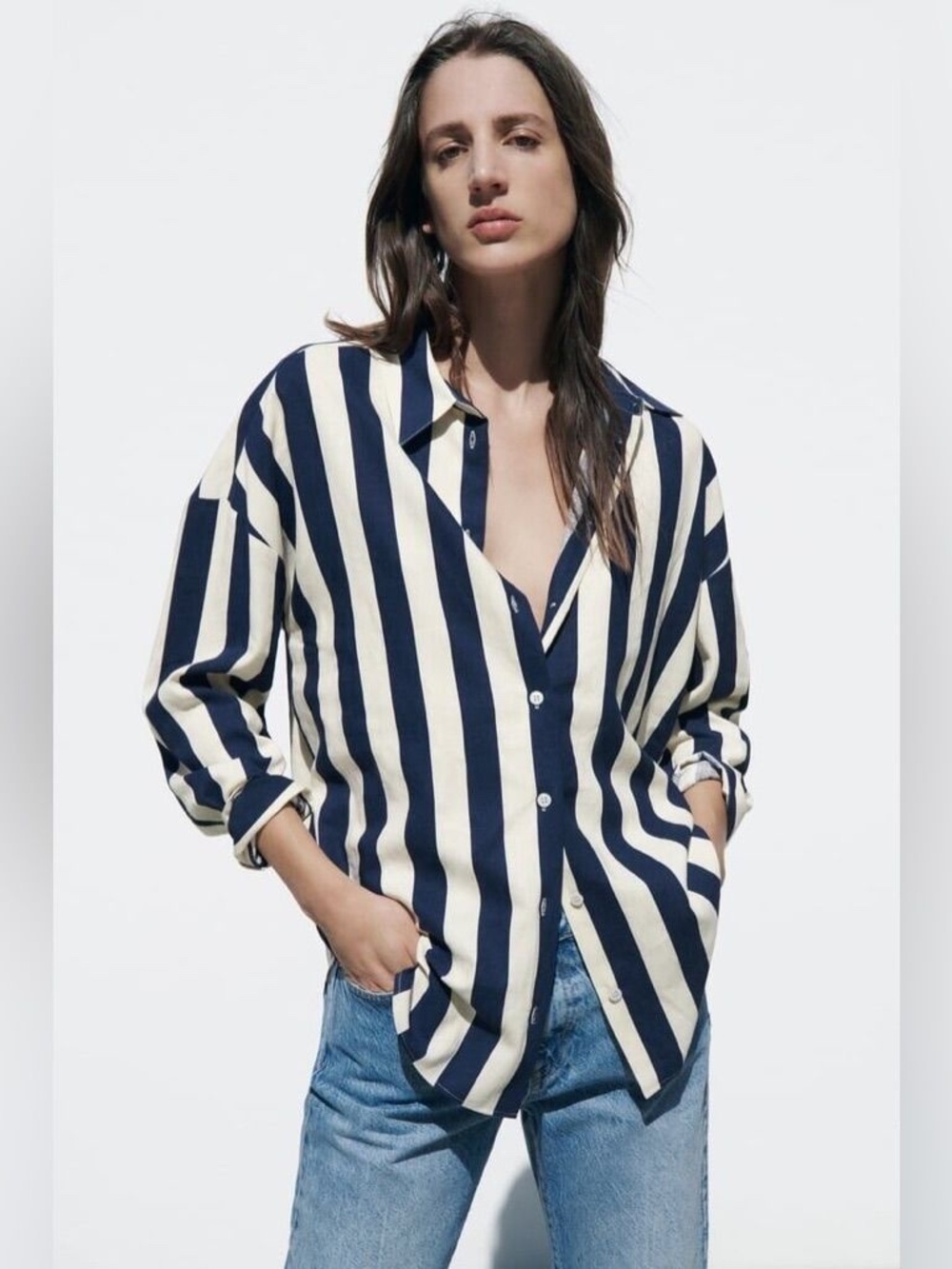 Zara Oversized Linen Blend Tan Navy Stripped Long Sleeves Shirt Size S